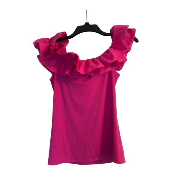 NWOT Women's Bright Pink Off The Shoulder Top Ruffle Size Junior Large - Picture 1 of 4
